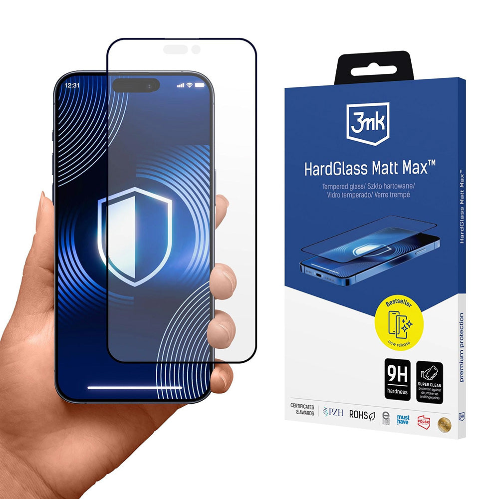 Защитно фолио Matte 3MK HardGlass Max за Apple iPhone 17 Pro, закалено стъкло, Full Glue, черно