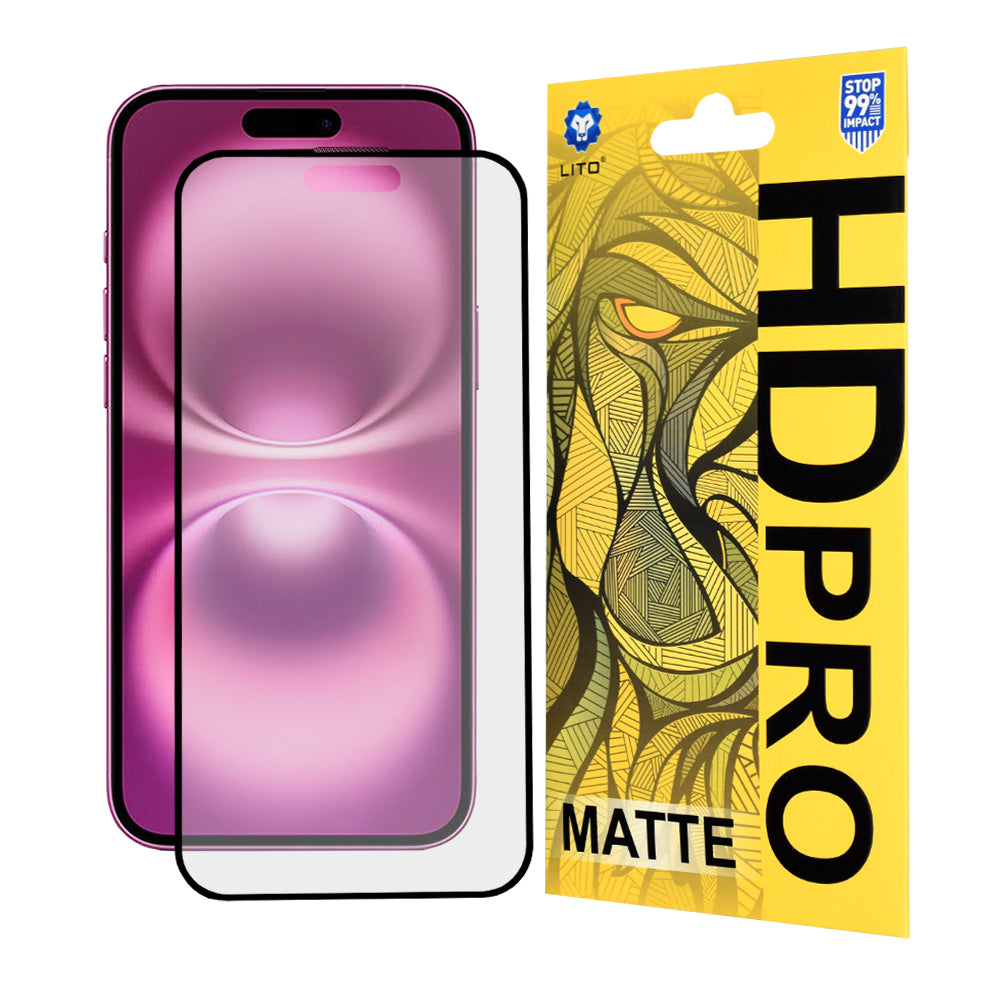 Матирана защитна фолио за екран Lito HD Pro за Apple iPhone 16 Plus, закалено стъкло, пълно залепване, черна