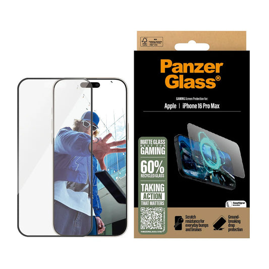 Защитно фолио Matte PanzerGlass Ultra-Wide Fit Gaming за Apple iPhone 16 Pro Max, закалено стъкло, пълно лепило, черно
