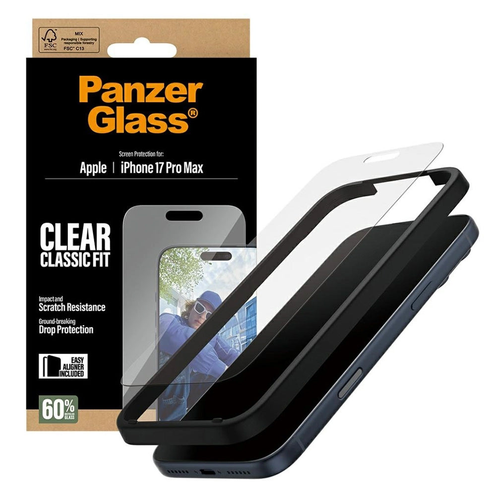 Защитно фолио за екран PanzerGlass Classic Fit EasyAligner за Apple iPhone 17 Pro Max, закалено стъкло, Full Glue