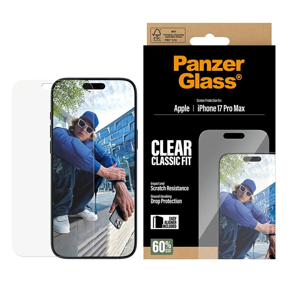 Защитно фолио за екран PanzerGlass Classic Fit EasyAligner за Apple iPhone 17 Pro Max, закалено стъкло, Full Glue