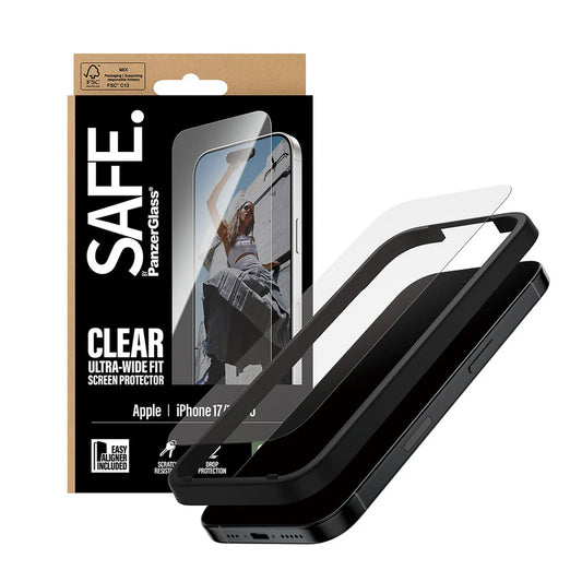 Защитно фолио за екран PanzerGlass Safe. Ultra-Wide Fit EasyAligner за Apple iPhone 17 / 16 Pro, Закалено стъкло, Full Glue