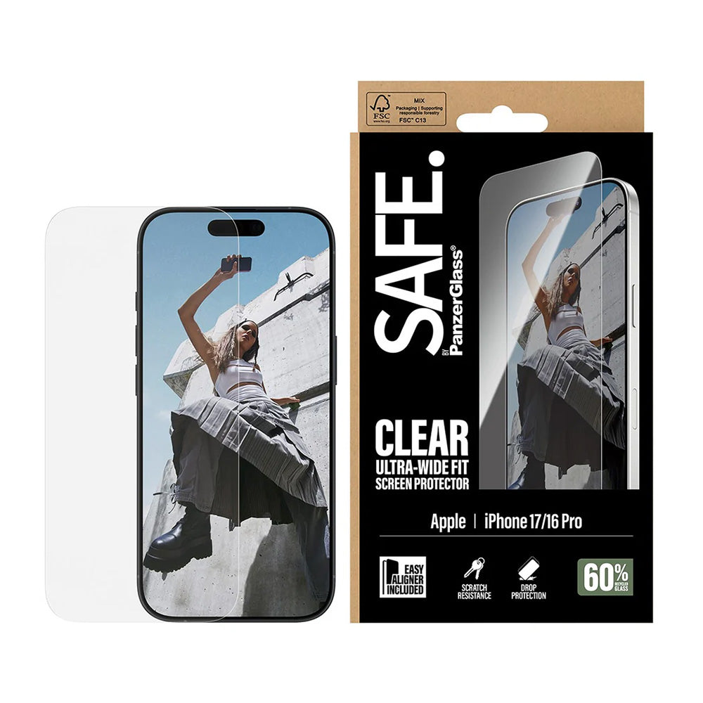 Защитно фолио за екран PanzerGlass Safe. Ultra-Wide Fit EasyAligner за Apple iPhone 17 / 16 Pro, Закалено стъкло, Full Glue