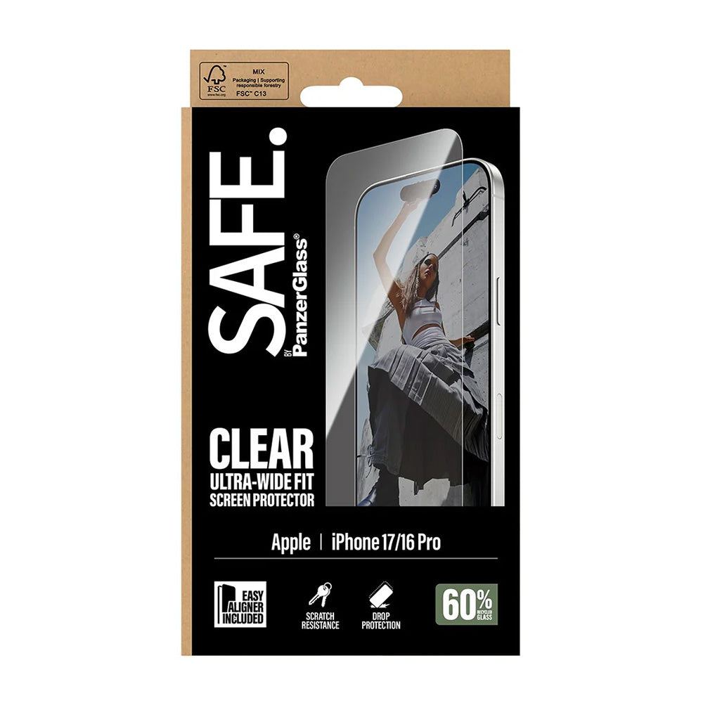 Защитно фолио за екран PanzerGlass Safe. Ultra-Wide Fit EasyAligner за Apple iPhone 17 / 16 Pro, Закалено стъкло, Full Glue