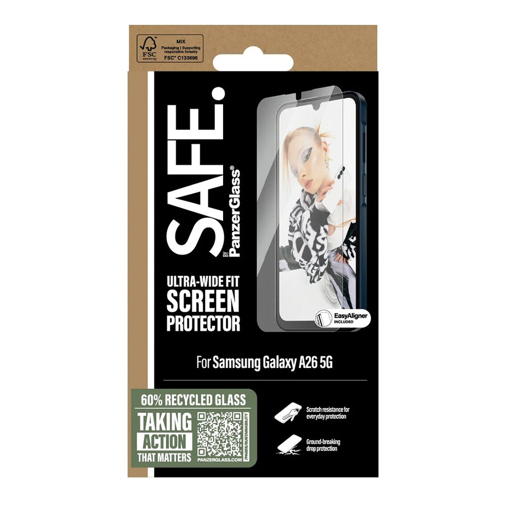 Защитно фолио за екран PanzerGlass Safe. Ultra-Wide Fit EasyAligner за Samsung Galaxy A26 A266, Закалено стъкло, Full Glue