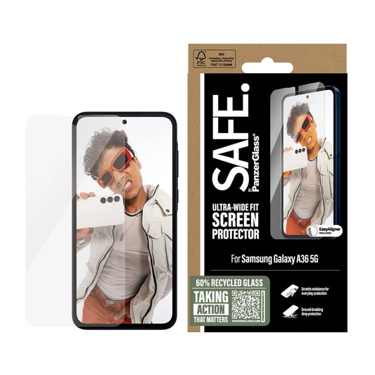Защитно фолио за екран PanzerGlass Safe. Ultra-Wide Fit EasyAligner за Samsung Galaxy A36 A366, Закалено стъкло, Full Glue