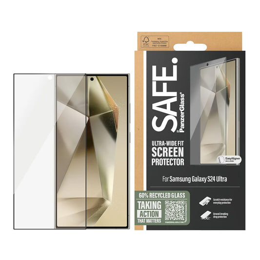 Защитно фолио за екран PanzerGlass Safe. Ultra-Wide Fit EasyAligner за Samsung Galaxy S24 Ultra S928, закалено стъкло, пълно залепване, черно.