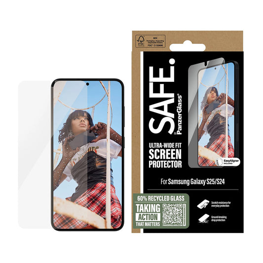 Защитно фолио за екран PanzerGlass Safe. Ultra-Wide Fit EasyAligner за Samsung Galaxy S25 S931 / S24 S921, Закалено стъкло, Пълно залепване.