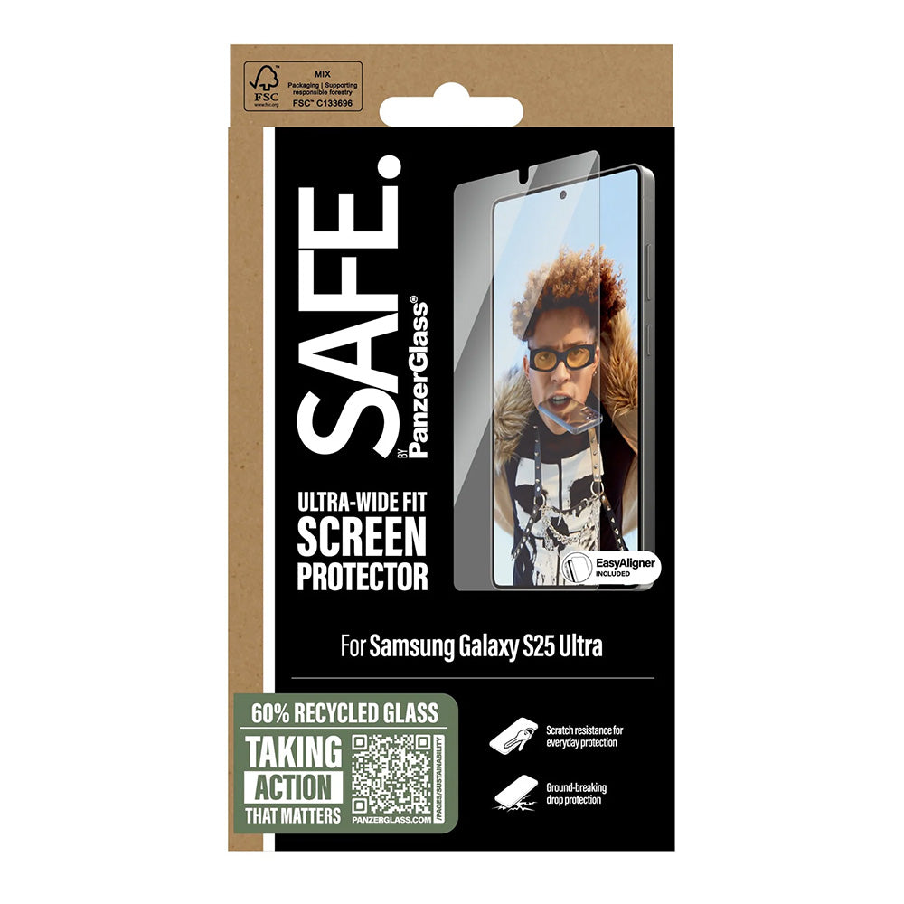 Защитно фолио за екран PanzerGlass Safe. Ultra-Wide Fit EasyAligner за Samsung Galaxy S25 Ultra S938, Закалено стъкло, Пълно залепване.