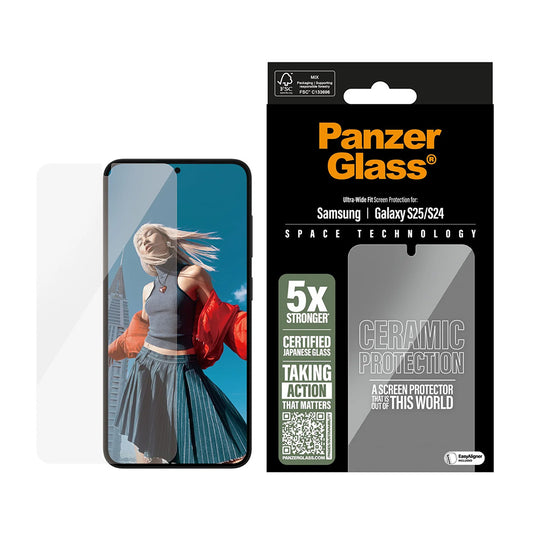 Защитно фолио за екран PanzerGlass Ultra-Wide Ceramic EasyAligner за Samsung Galaxy S25 S931 / S24 S921, закалено стъкло, пълно залепване