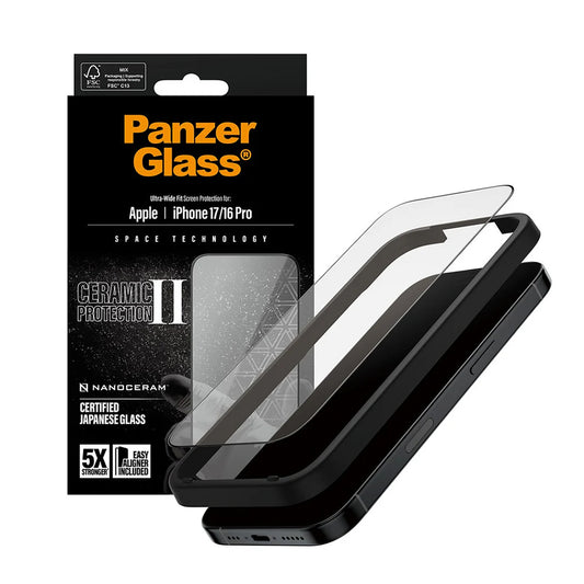 Защитно фолио за екран PanzerGlass Ultra-Wide Ceramic II EasyAligner за Apple iPhone 17 / 16 Pro, закалено стъкло, пълно залепване, черно