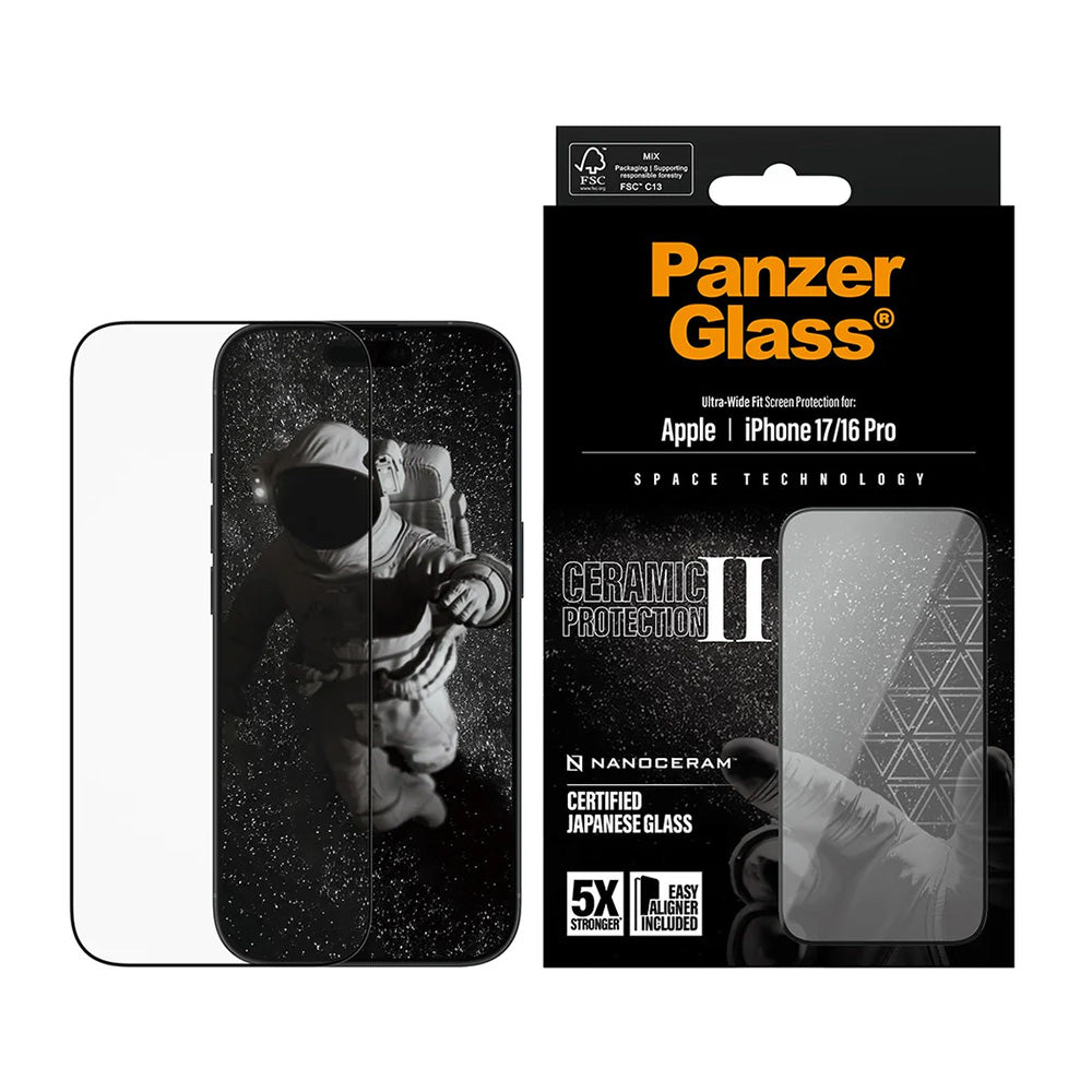 Защитно фолио за екран PanzerGlass Ultra-Wide Ceramic II EasyAligner за Apple iPhone 17 / 16 Pro, закалено стъкло, пълно залепване, черно