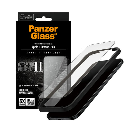 Защитно фолио за екран PanzerGlass Ultra-Wide Ceramic II EasyAligner за Apple iPhone 17 Air, Закалено стъкло, Пълно залепване, Черно