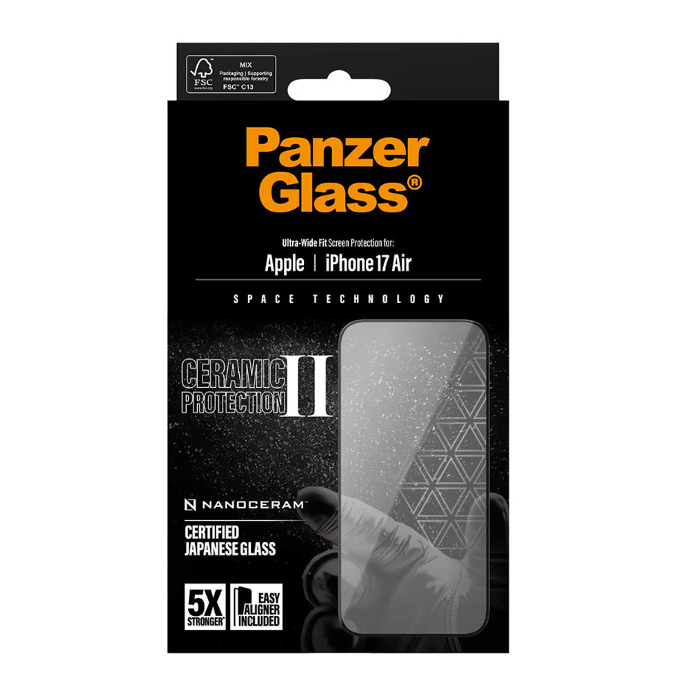 Защитно фолио за екран PanzerGlass Ultra-Wide Ceramic II EasyAligner за Apple iPhone 17 Air, Закалено стъкло, Пълно залепване, Черно