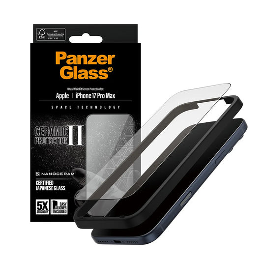 Защитно фолио за екран PanzerGlass Ultra-Wide Ceramic II EasyAligner за Apple iPhone 17 Pro Max, закалено стъкло, пълно залепване, черно