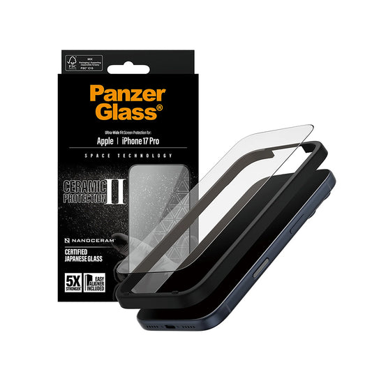 Фолио за защита на екрана PanzerGlass Ultra-Wide Ceramic II EasyAligner за Apple iPhone 17 Pro, Закалено стъкло, Пълно лепило, Черно