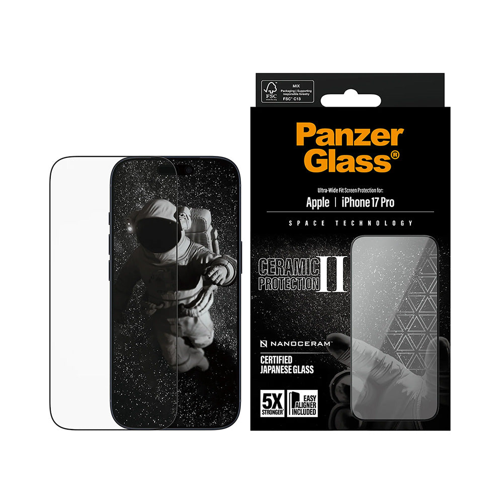 Фолио за защита на екрана PanzerGlass Ultra-Wide Ceramic II EasyAligner за Apple iPhone 17 Pro, Закалено стъкло, Пълно лепило, Черно