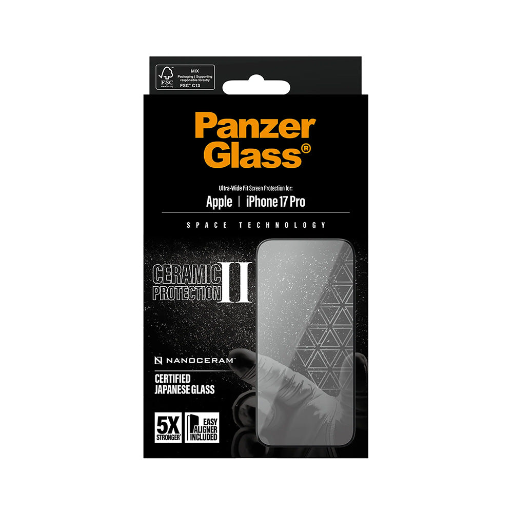 Фолио за защита на екрана PanzerGlass Ultra-Wide Ceramic II EasyAligner за Apple iPhone 17 Pro, Закалено стъкло, Пълно лепило, Черно