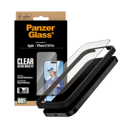 Защитно фолио за екран PanzerGlass Ultra-Wide Fit EasyAligner за Apple iPhone 17 / 16 Pro, закалено стъкло, пълно залепване, черно
