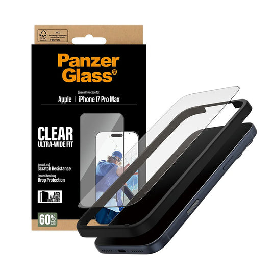 Защитно фолио за екран PanzerGlass Ultra-Wide Fit EasyAligner за Apple iPhone 17 Pro Max, закалено стъкло, пълно залепване, черно