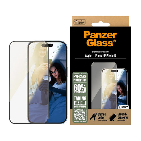 Защитно фолио за екран PanzerGlass Ultra-Wide Fit EyeCare за Apple iPhone 16 / 15, закалено стъкло, пълно залепване, черно