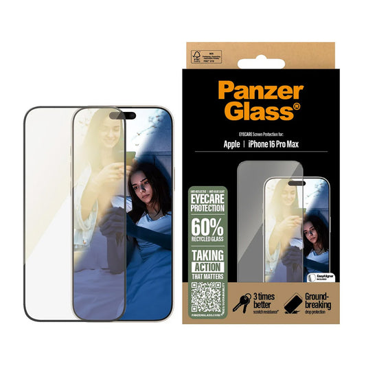 Защитно фолио за екран PanzerGlass Ultra-Wide Fit EyeCare за Apple iPhone 16 Pro Max, закалено стъкло, Full Glue, черно