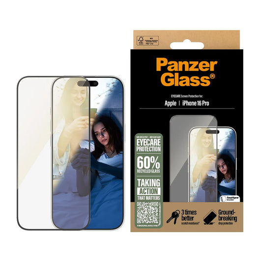 Защитно фолио за екран PanzerGlass Ultra-Wide Fit EyeCare за Apple iPhone 16 Pro, закалено стъкло, Full Glue, черно