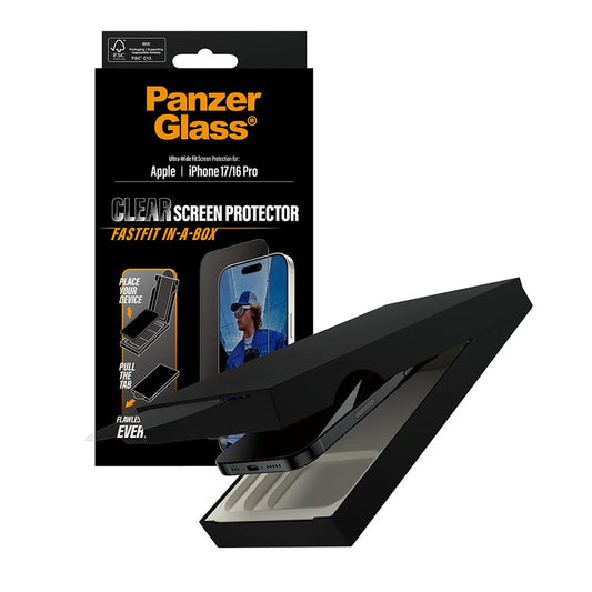 Защитно фолио за екран PanzerGlass Ultra-Wide Fit Fastfit за Apple iPhone 17 / 16 Pro, закалено стъкло, Full Glue, черно