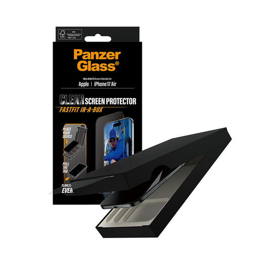 Защитно фолио за екран PanzerGlass Ultra-Wide Fit Fastfit за Apple iPhone 17 Air, закалено стъкло, Full Glue, черно