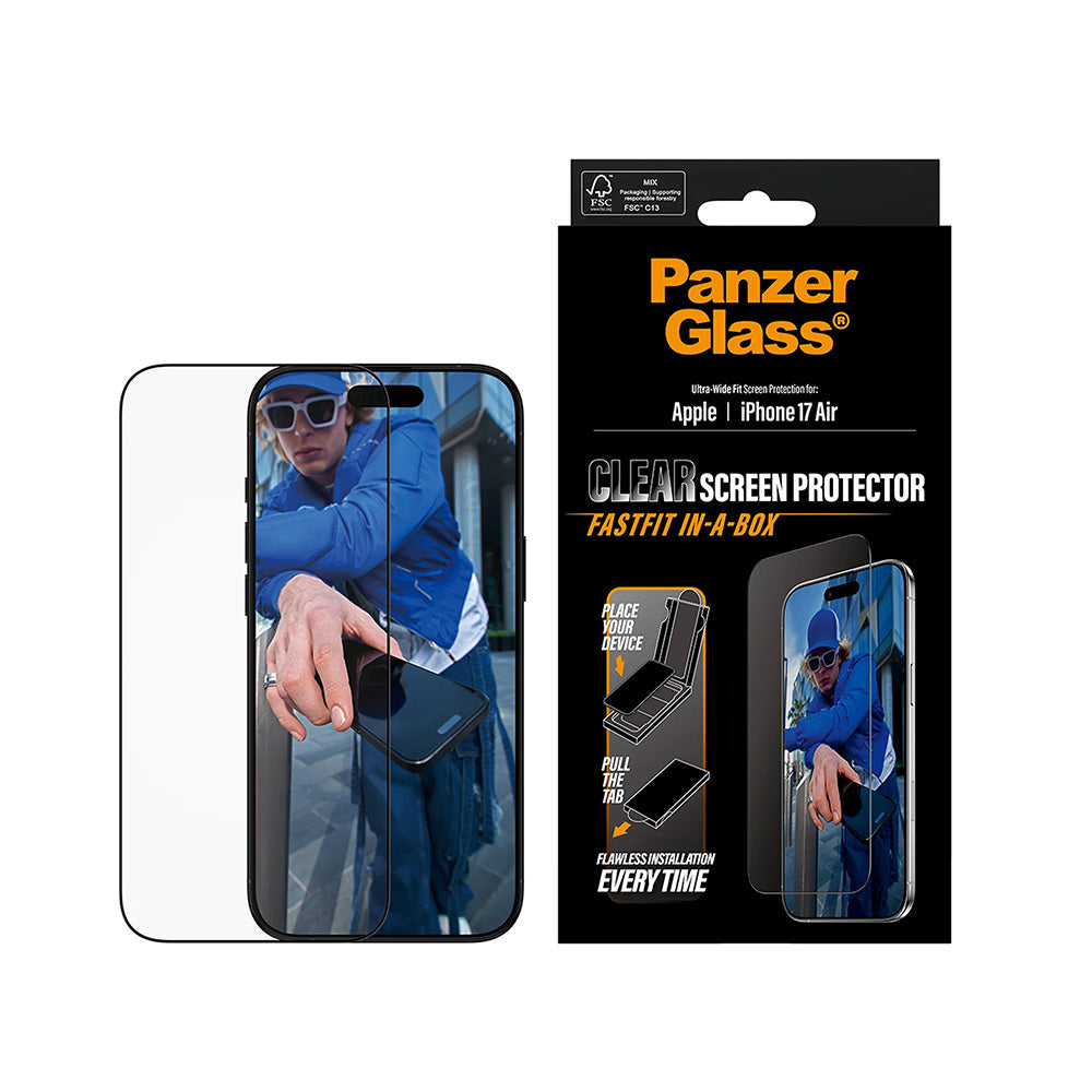 Защитно фолио за екран PanzerGlass Ultra-Wide Fit Fastfit за Apple iPhone 17 Air, закалено стъкло, Full Glue, черно