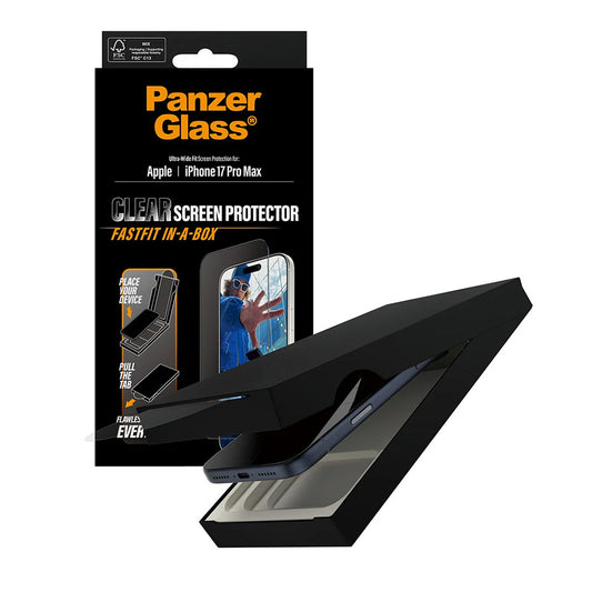 Защитно фолио за екран PanzerGlass Ultra-Wide Fit Fastfit за Apple iPhone 17 Pro Max, закалено стъкло, Full Glue, черно