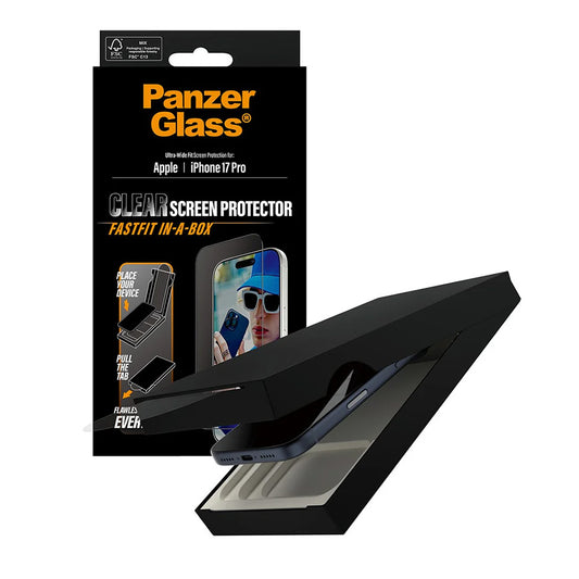 Защитно фолио за екран PanzerGlass Ultra-Wide Fit Fastfit за Apple iPhone 17 Pro, закалено стъкло, Full Glue, черно