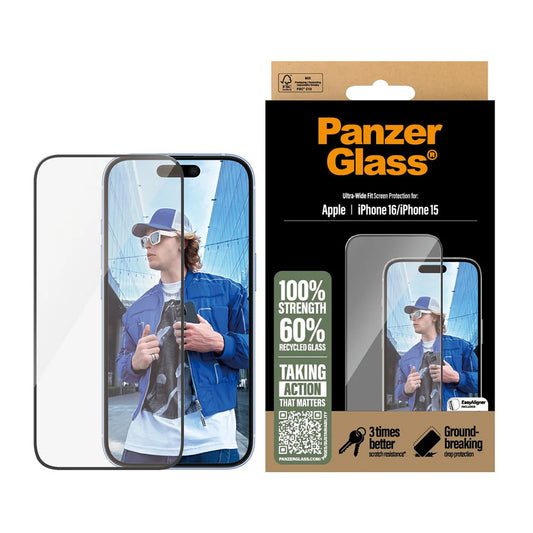 Защитно фолио за екран PanzerGlass Ultra-Wide Fit за Apple iPhone 16 / 15, закалено стъкло, Full Glue, черно
