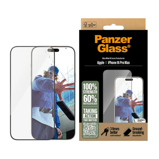 Защитно фолио за екран PanzerGlass Ultra-Wide Fit за Apple iPhone 16 Pro Max, закалено стъкло, пълно залепване, черно