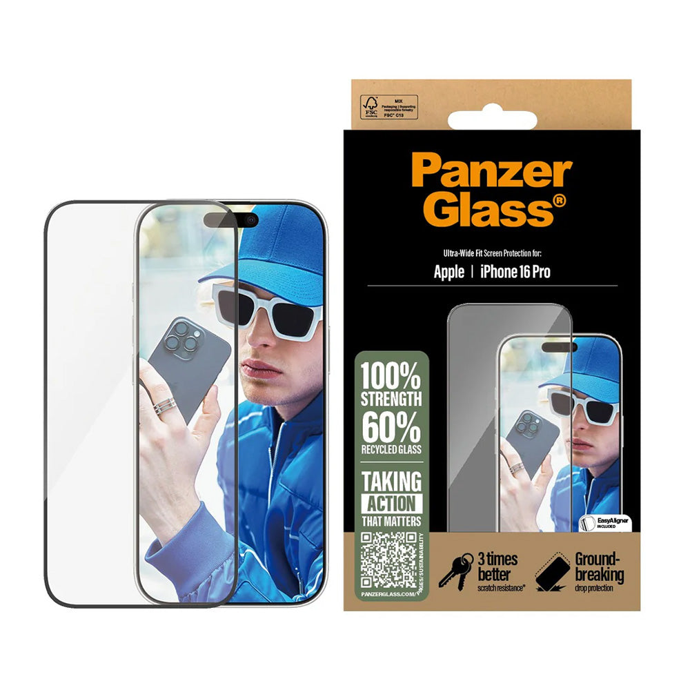 Защитно фолио за екран PanzerGlass Ultra-Wide Fit за Apple iPhone 16 Pro, закалено стъкло, Full Glue, черно