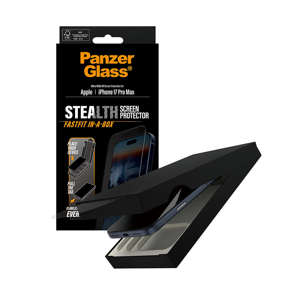 Защитно фолио за екран PanzerGlass Ultra-Wide Fit Stealth Fastfit за Apple iPhone 17 Pro Max, закалено стъкло, Full Glue, черно