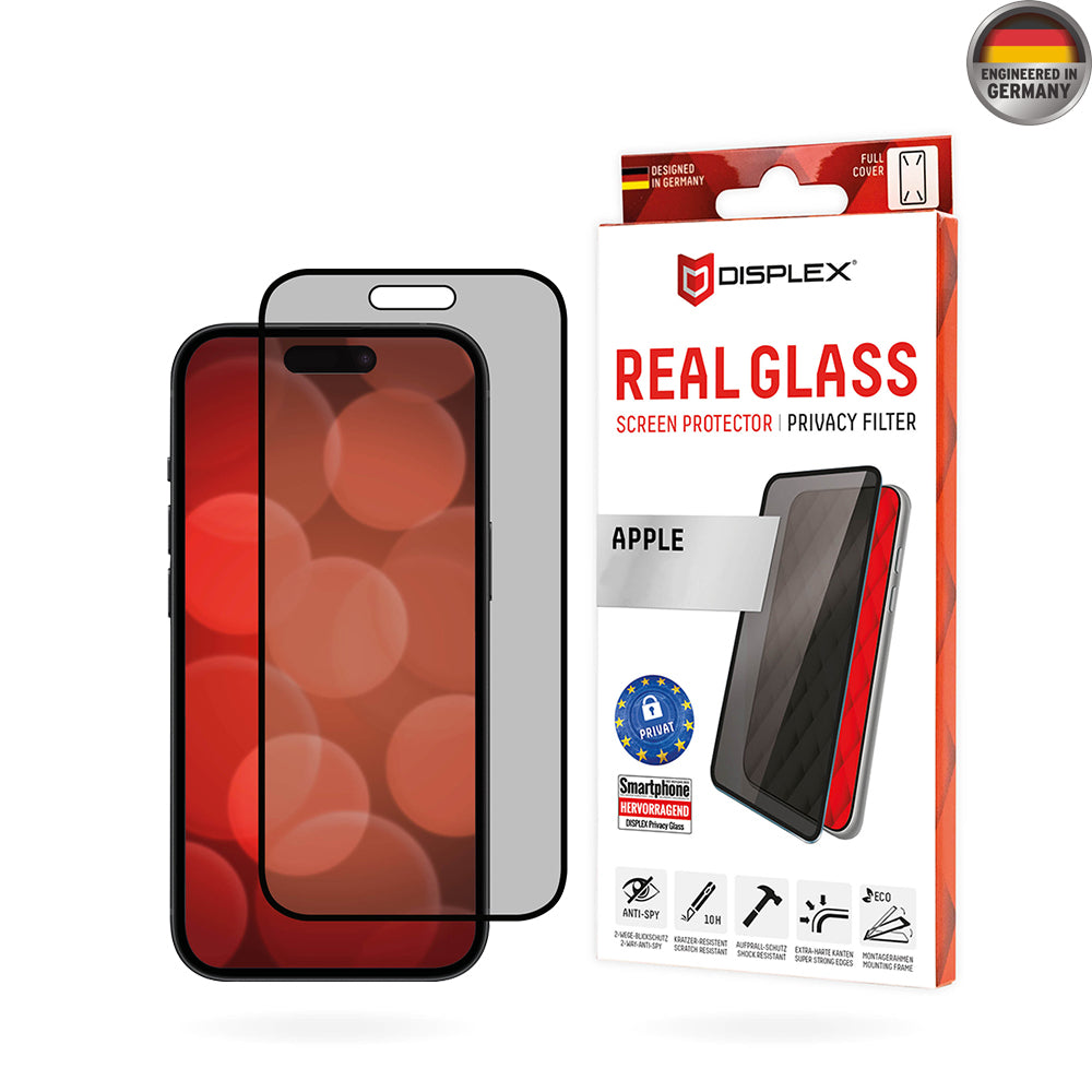 Протектор за екран Privacy Displex Real Glass за Apple iPhone 16 Plus, закалено стъкло, пълно залепване