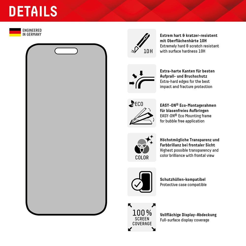 Протектор за екран Privacy Displex Real Glass за Apple iPhone 16 Plus, закалено стъкло, пълно залепване