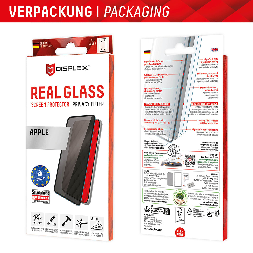 Протектор за екран Privacy Displex Real Glass за Apple iPhone 16 Plus, закалено стъкло, пълно залепване