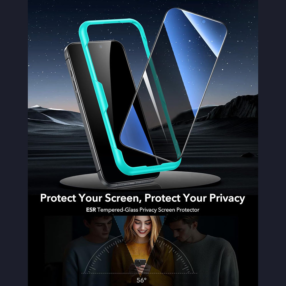 Защитно фолио Ecran Privacy ESR за Apple iPhone 17 / 16 Pro, Закалено стъкло, Пълно залепване, Комплект 3 броя