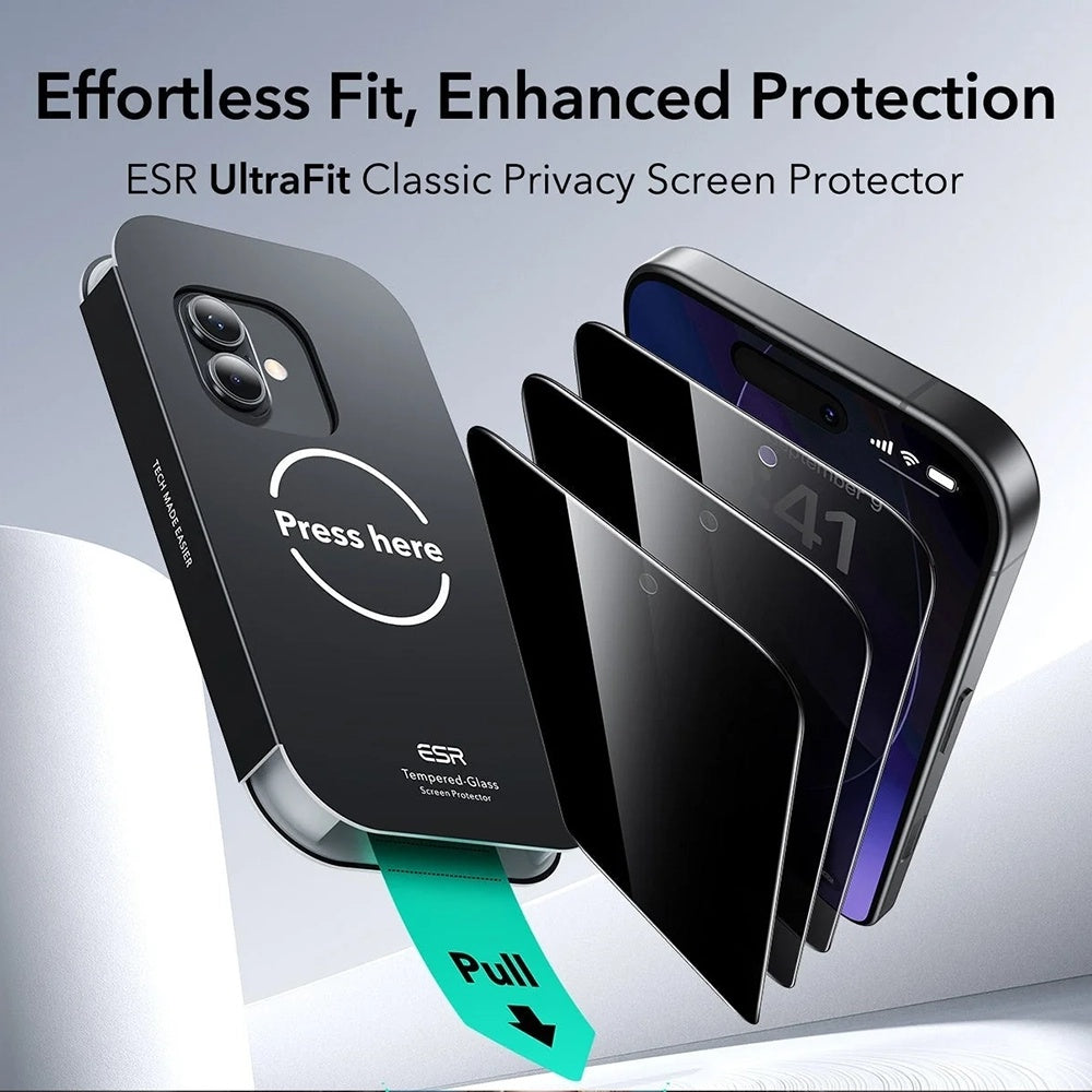Защитно фолио Ecran Privacy ESR UltraFit за Apple iPhone 17 / 16 Pro, Закалено стъкло, Пълно залепване, Комплект 3 броя