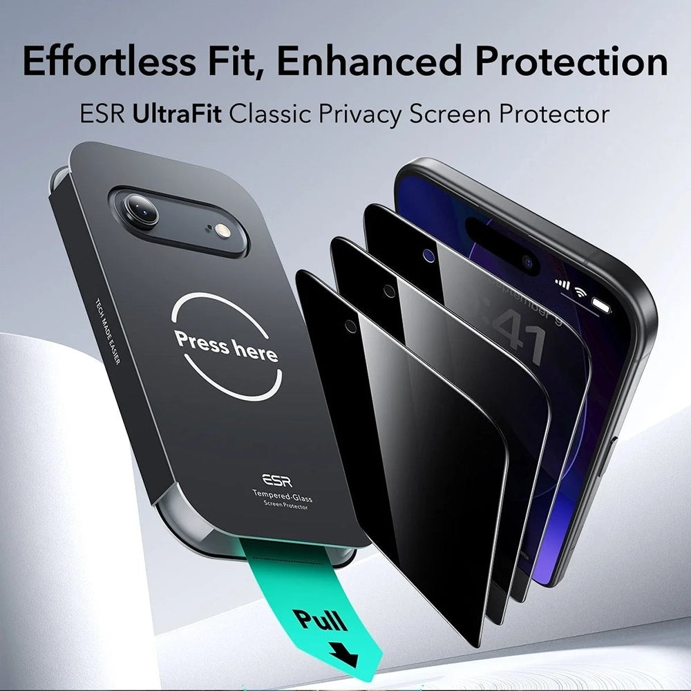 Защитно фолио Ecran Privacy ESR UltraFit за Apple iPhone 17 Air, Закалено стъкло, Пълно залепване, Комплект 3 броя