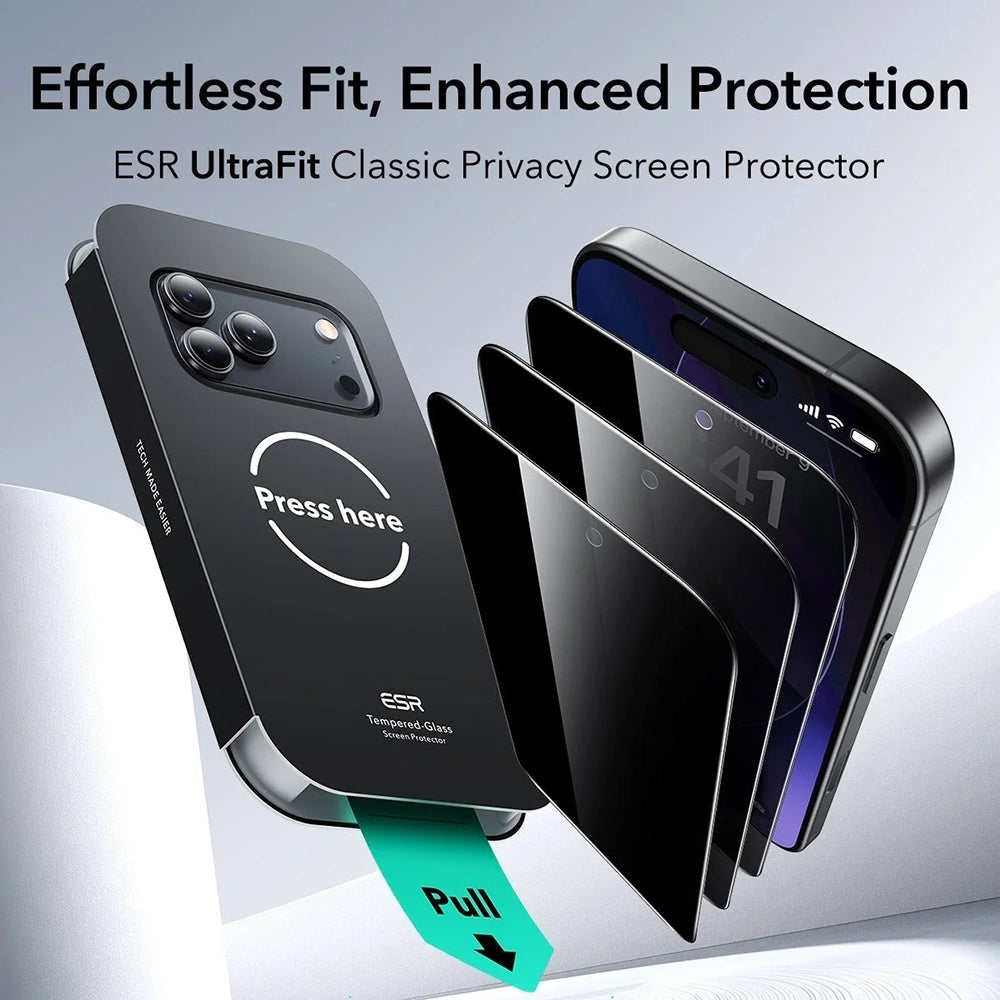Защитно фолио Ecran Privacy ESR UltraFit за Apple iPhone 17 Pro, закалено стъкло, пълно залепване, комплект от 3 броя