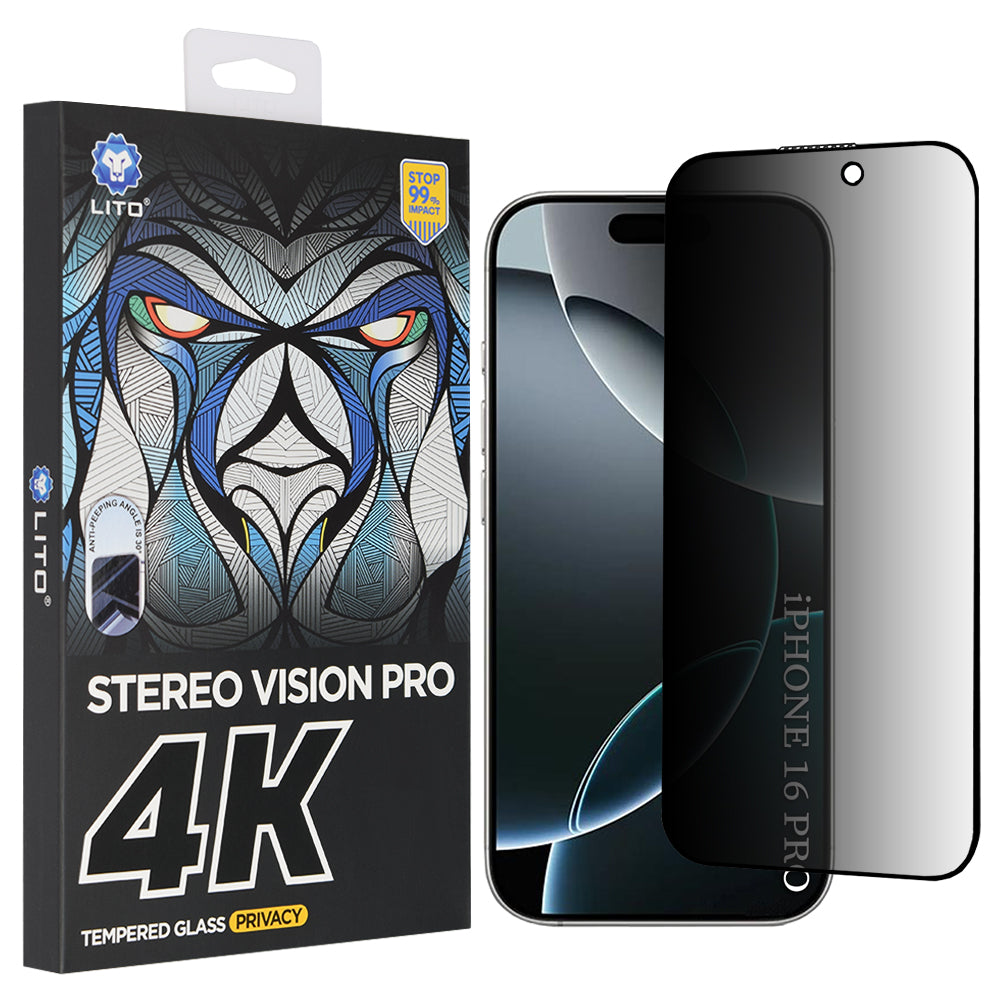 Защитно фолио Privacy Lito D+ Max 4K за Apple iPhone 17 / 16 Pro, закалено стъкло, Full Glue
