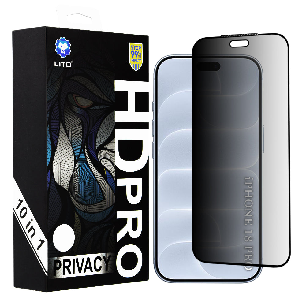 Протектор за екран Privacy Lito HD Pro за Apple iPhone 18 Pro, закалено стъкло, пълно залепване, комплект от 10 броя
