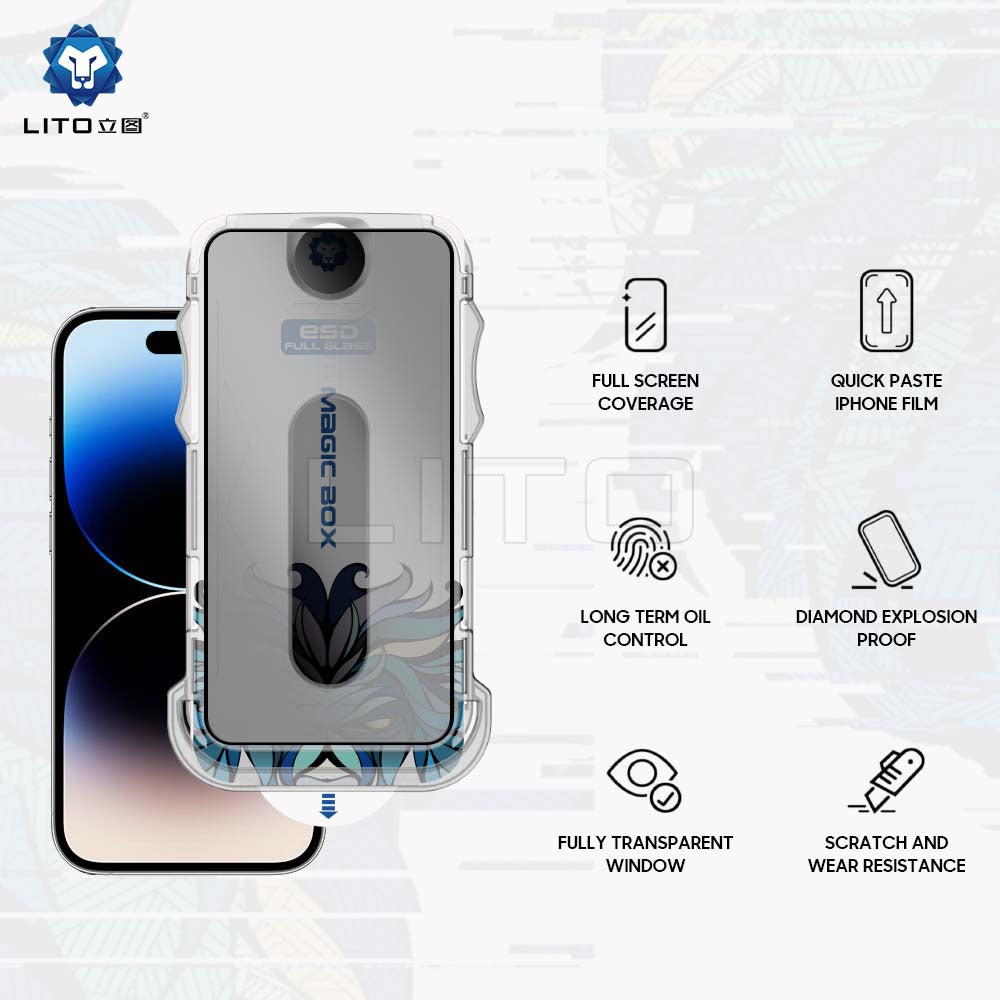 Протектор за екран Privacy Lito Magic Glass Box D+ Tools за Apple iPhone 15 Pro, закалено стъкло, пълно залепване