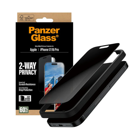 Фолио за защита на екрана Privacy PanzerGlass Ultra-Wide Fit 2-Way EasyAligner за Apple iPhone 17 / 16 Pro, Закалено стъкло, Пълно залепване