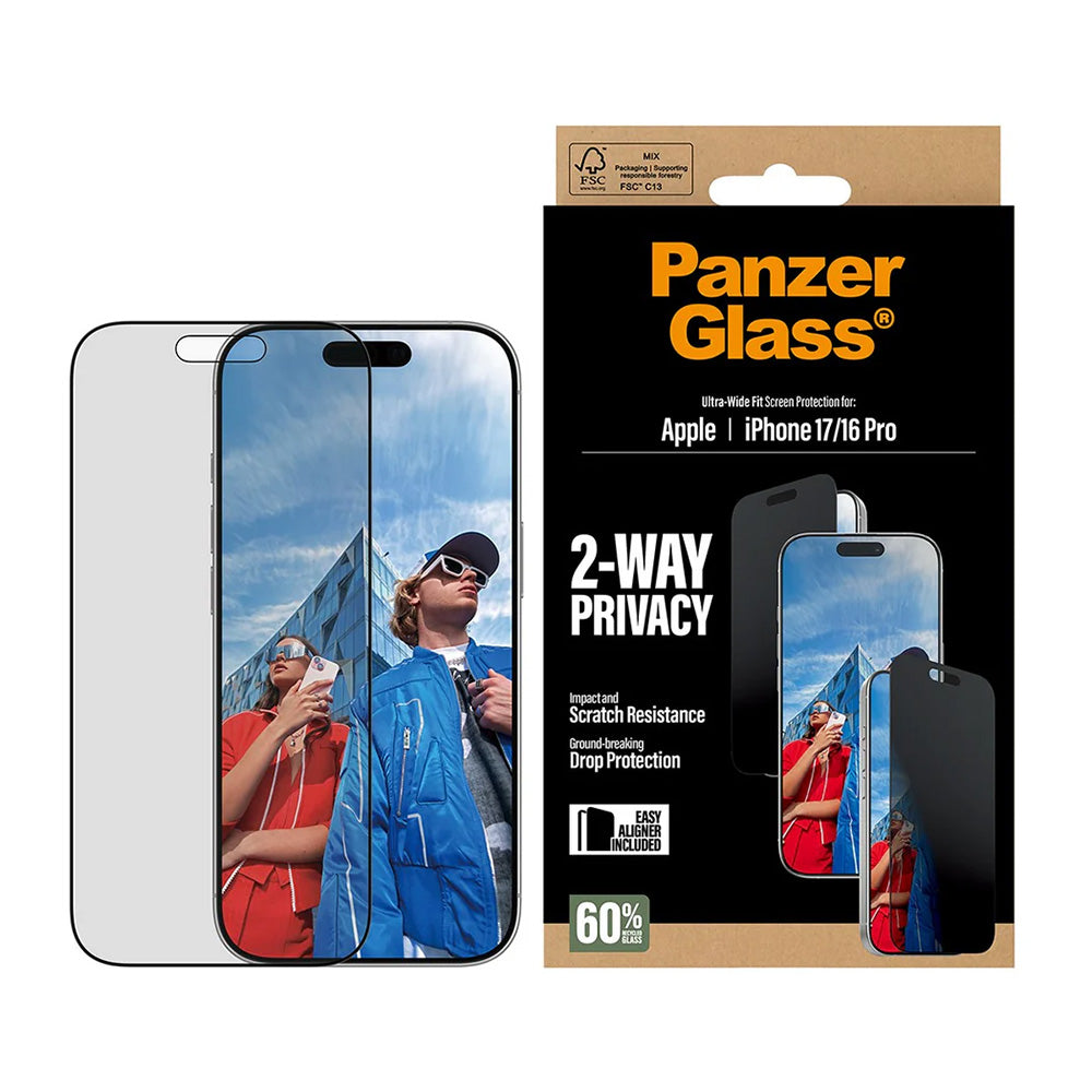 Фолио за защита на екрана Privacy PanzerGlass Ultra-Wide Fit 2-Way EasyAligner за Apple iPhone 17 / 16 Pro, Закалено стъкло, Пълно залепване