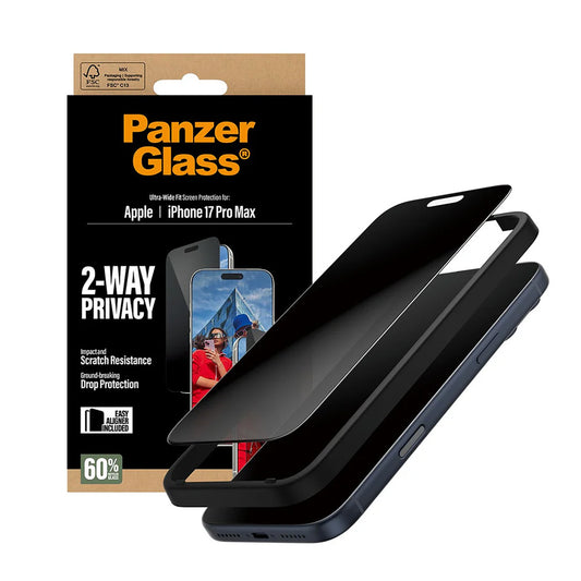 Защитно фолио за екран Privacy PanzerGlass Ultra-Wide Fit 2-Way EasyAligner за Apple iPhone 17 Pro Max, закалено стъкло, Full Glue
