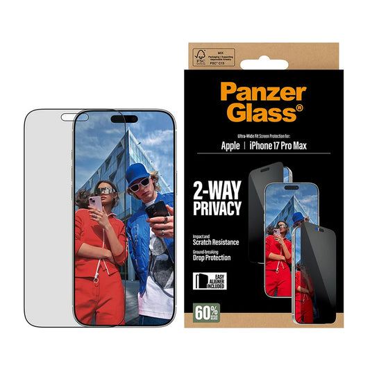 Защитно фолио за екран Privacy PanzerGlass Ultra-Wide Fit 2-Way EasyAligner за Apple iPhone 17 Pro Max, закалено стъкло, Full Glue
